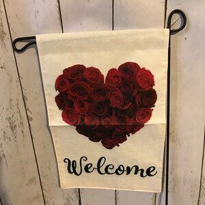NEW Welcome Garden Flag with roses in a heart and & Welcome.  Valentine Day